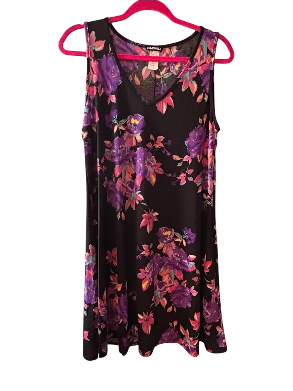 Hemish USA Floral Dress Size M Black Purple Pink Sleeveless Swing Mini